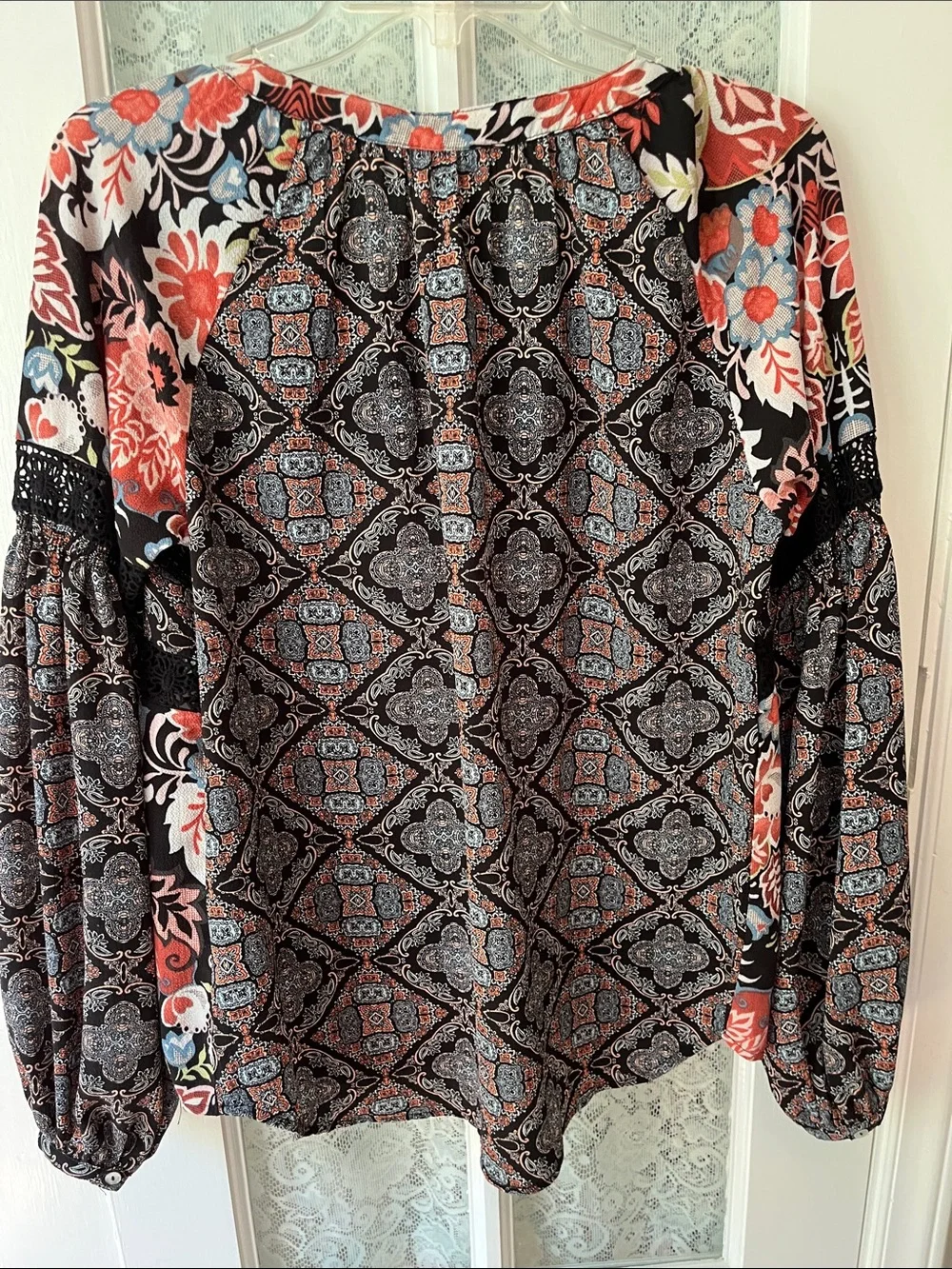 Boho Floral Peasant Blouse in Black and Coral